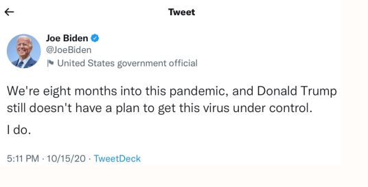 【45thトランプ大統領声明】バイデンは選挙中に「コロナウイルスを退治する」と言ったのに、今はどうだ？「連邦政府では手に負えず、州政府に任せる」と言っているぞ。選挙中に言ったことと全く逆だ！