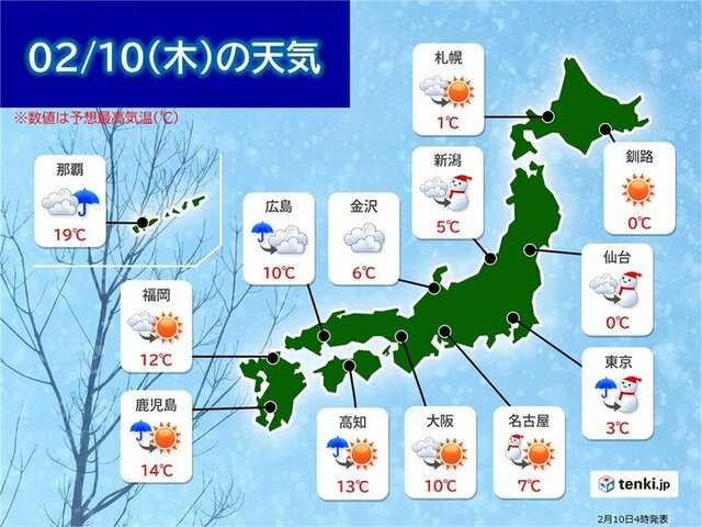きょう10日の天気　九州～東海は所々で雨や雪　関東は平野部でも大雪の恐れ