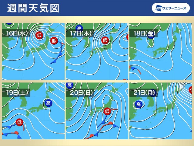 週間天気予報　日本海側は強力寒気で大雪、週末は南岸低気圧か
