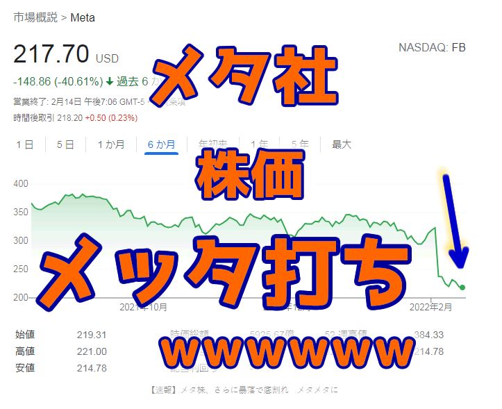 【速報】メタ株、さらに暴落で底割れ　メタメタに￼