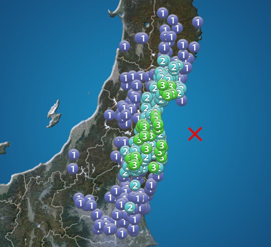 福島県・宮城県で震度3の地震発生