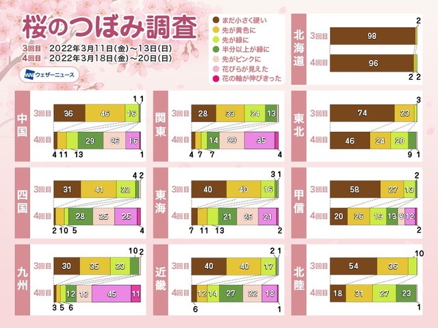 桜開花予想2022　西日本や東日本で続々と開花　東京は28日(月)に満開へ