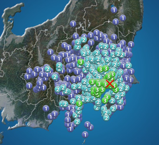 埼玉県・茨城県・東京都・千葉県・神奈川県で震度3の地震発生