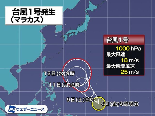 台風1号（マラカス）発生　来週にかけ日本の南に北上の可能性