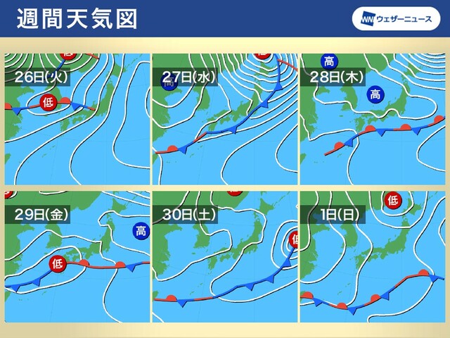 週間天気　周期的に雨　週前半と昭和の日は雨風の強まりに注意