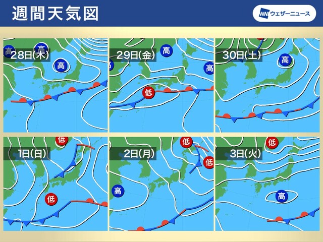 週間天気　GW初日は広範囲で雨スタート　天気は周期的に変化