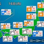 今日5月16日(月)の天気　関東は雨で肌寒い　日本海側や北日本は青空に