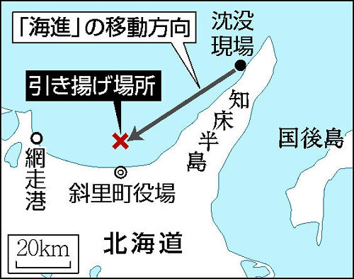 つり上げたカズワン、沈没地点より深い１８２ｍの海底に落下