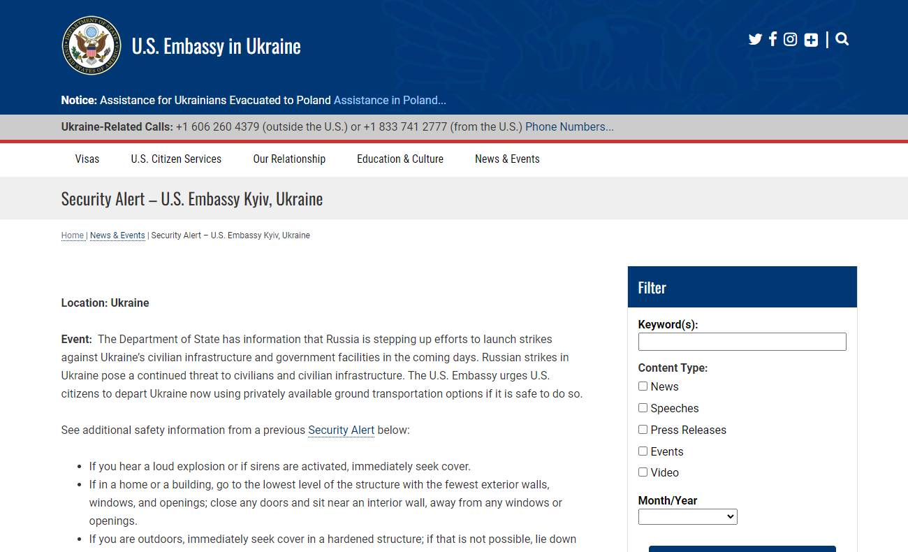 米国がロシア軍の大規模攻撃を警告、米国市民はウクライナから脱出するよう促す