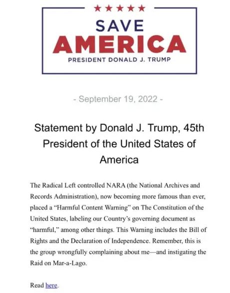トランプ大統領「急進左派が支配する国立公文書記録管理局は、不当にマー・ア・ラゴへの襲撃を扇動した。しかもFBIの捜査官は、ロシアから金をもらっていたのだ!」 トランプ大統領「急進左派が支配する国立公文書記録管理局は、不当にマー・ア・ラゴへの襲撃を扇動した。しかもFBIの捜査官は、ロシアから金をもらっていたのだ!」