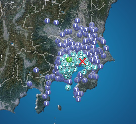 東京都で最大震度3の地震　震源は千葉県北西部　津波の心配なし