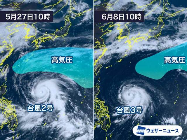台風3号と台風2号を比較　進路は前回より内回り　微妙な南北で影響に差