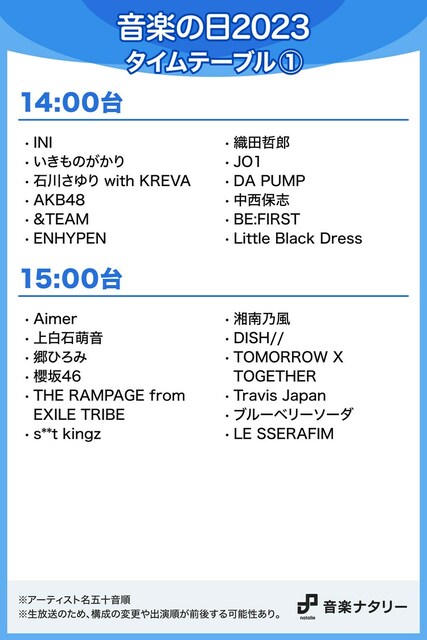 明日放送「音楽の日2023」タイムテーブル発表、初の見逃し配信も決定