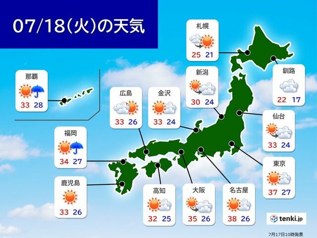 明日18日　関東甲信、東海を中心に災害級の暑さ続く　20日は大雨のおそれも