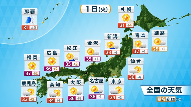 東北から四国　今夜にかけて激しい雷雨のおそれ　暑さは今後も続く