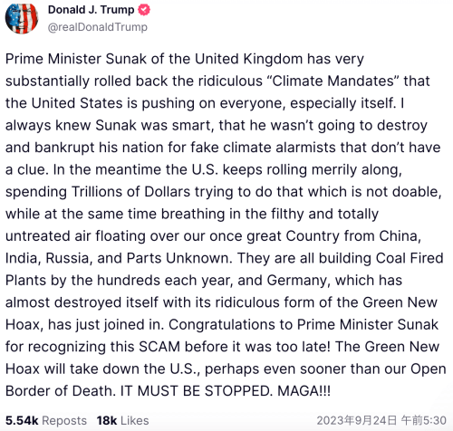 トランプ大統領「気候変動詐欺に気づいたスナク首相、おめでとう」／「彼は英国を偽の気候警告論者のために破産させるつもりはない」