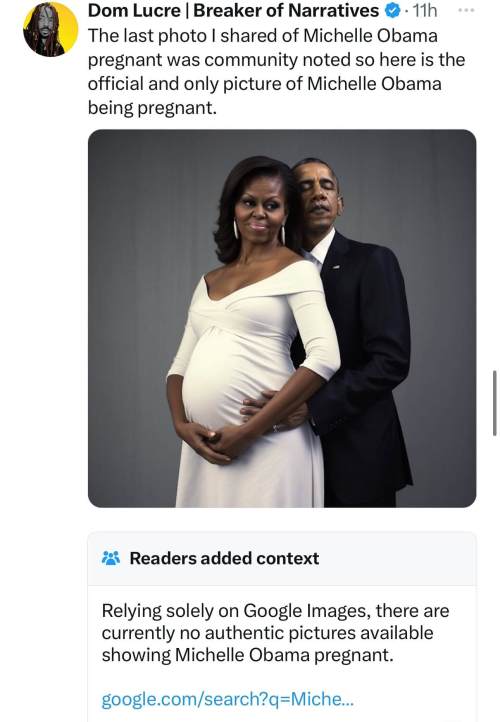 ジャーナリストがミシェル・オバマが妊娠している時の写真を公開するも、コミュニティノートの指摘を受ける「偽物だ。この世にない」