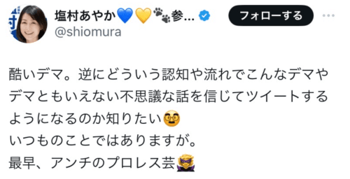 塩村あやか議員「プロレス芸」発言で、プロレス団体と全国のプロレスファンが激怒、本人撤回も大炎上中