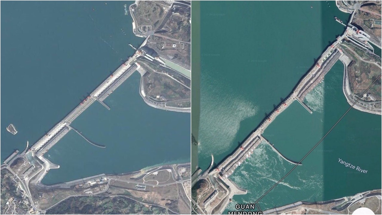 ダムの構造的な完全性が損なわれ、崩壊する可能性があるという噂に燃料を供給していた以前の衛星写真。