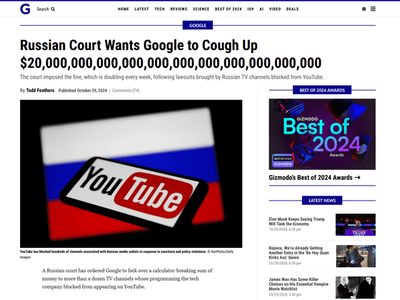 【速報】ロシアの裁判所、Googleに20000000000000000000000000000000000ドル(200溝ドル)の罰金の支払い命令