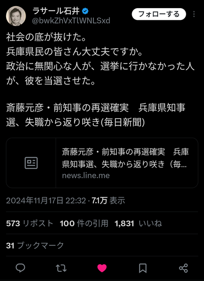 【助けて】ラ・サール石井さん、兵庫に絶望「選挙への無関心が生んだ結果」※投票率55％(15%増)で過去最多