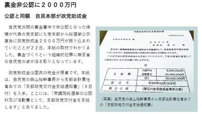 【しんぶん赤旗】自民本部、裏金非公認に政党助成金2000万円を公示直後に振り込み　公認と同額