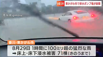 【香川】台風10号のせいで浸水被害！→排水ポンプ場の故障が原因と判明、早朝点検したのに偶然にも2機同時故障したらしい