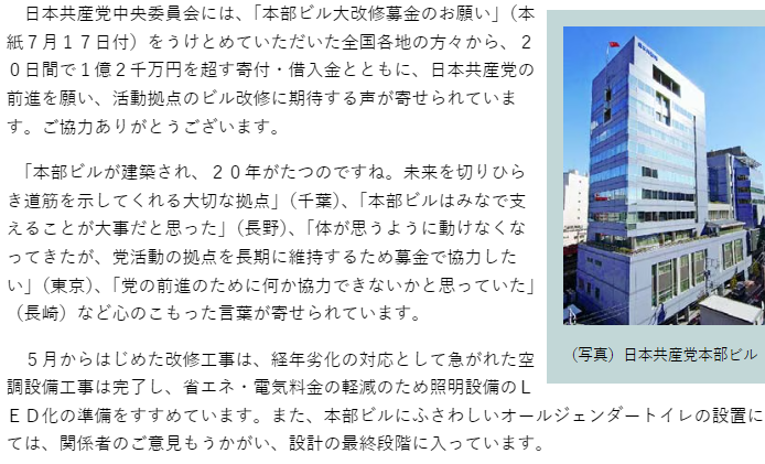 【朗報】共産党本部ビル大改修５億円募金　２０日間で１億２千万円を突破　空調設備更新完了「ひきつづきご協力をお願いします」