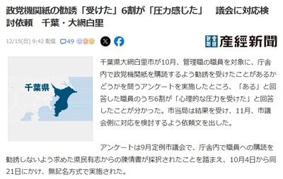 【一体何旗なんだ…】議会に対応検討依頼　庁舎内で政党機関紙を購読するよう「圧力感じた」被害者は職員の6割