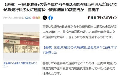 【速報】元三菱UFJ銀行員46歳に逮捕状　貸金庫から金塊2.6億円相当を現金化、被害総額10数億円か