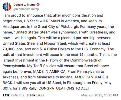 【速報】日鉄による米USスチール買収案をトランプ米大統領が承認「買収に安全保障上の懸念はない」 【速報】日鉄による米USスチール買収案をトランプ米大統領が承認「買収に安全保障上の懸念はない」