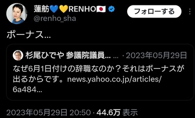 【速報】蓮舫議員「ボーナス300万円」国民の声聞こえないふりで確保！！！！！