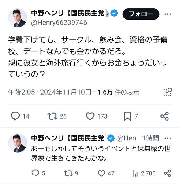 【悲報】国民民主党議員「学費下げる？w飲み会、デートと無縁な世界線で生きてきたんかなw」 期待したが上層部が多少まともなだけだった・・・