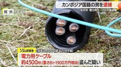 カンボジア人、山形県の太陽光施設から電力用ケーブル4500m(8t)時価約1900万円相当を盗んで逮捕　各地で外国人のボーナス施設となる