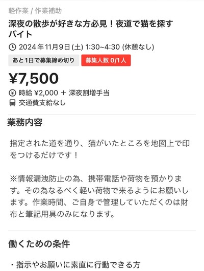 【ホワイト案件】タイミー「深夜に住宅街で猫を探すバイトです^^」お前らこんなの闇バイトか見極めれるか？