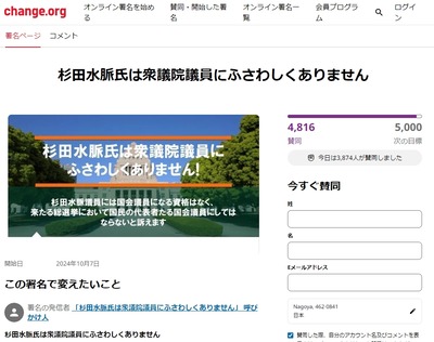 有田芳生さん「杉田水脈は衆議院議員にふさわしくありません。署名お願いします！」